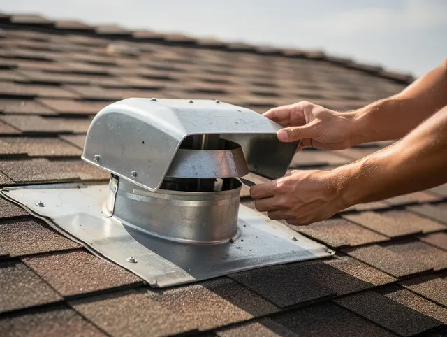 Powell Dryer Vent Cleaning certified technician safely cleaning a roof-mounted dryer vent in Powell