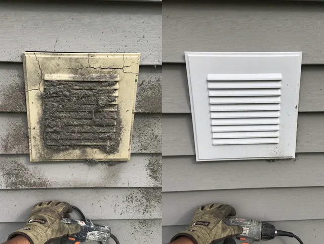 Powell Dryer Vent Cleaning technician installing high-quality dryer vent cover at a residential property in Powell