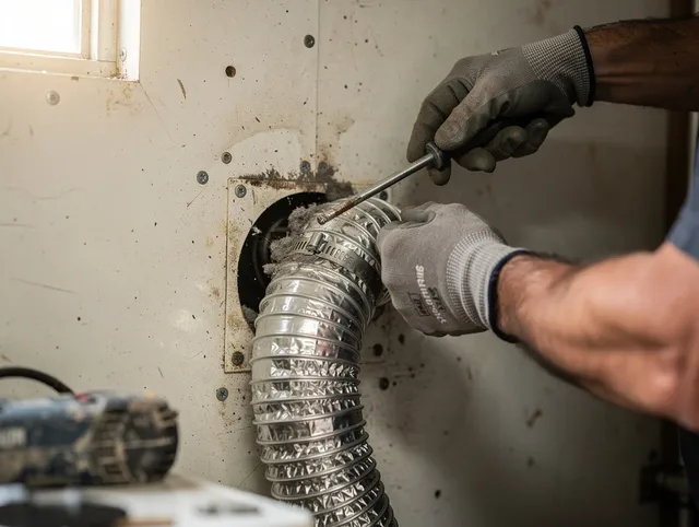 Powell Dryer Vent Cleaning technician performing precise dryer vent hose installation in Powell